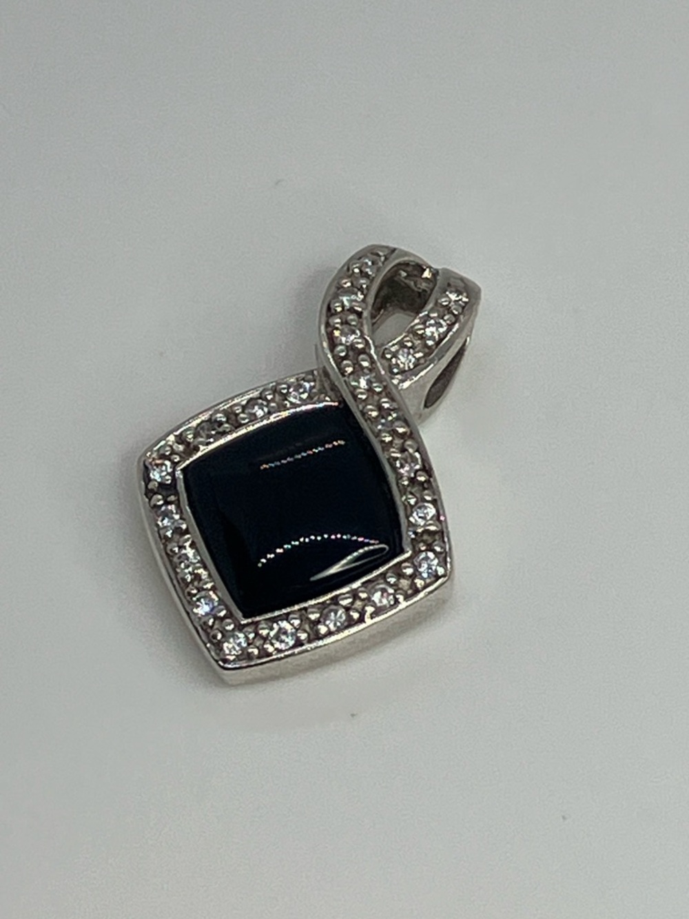 Vtg 925 Sterling Silver Onyx & Clear CZ Square Pendant Necklace